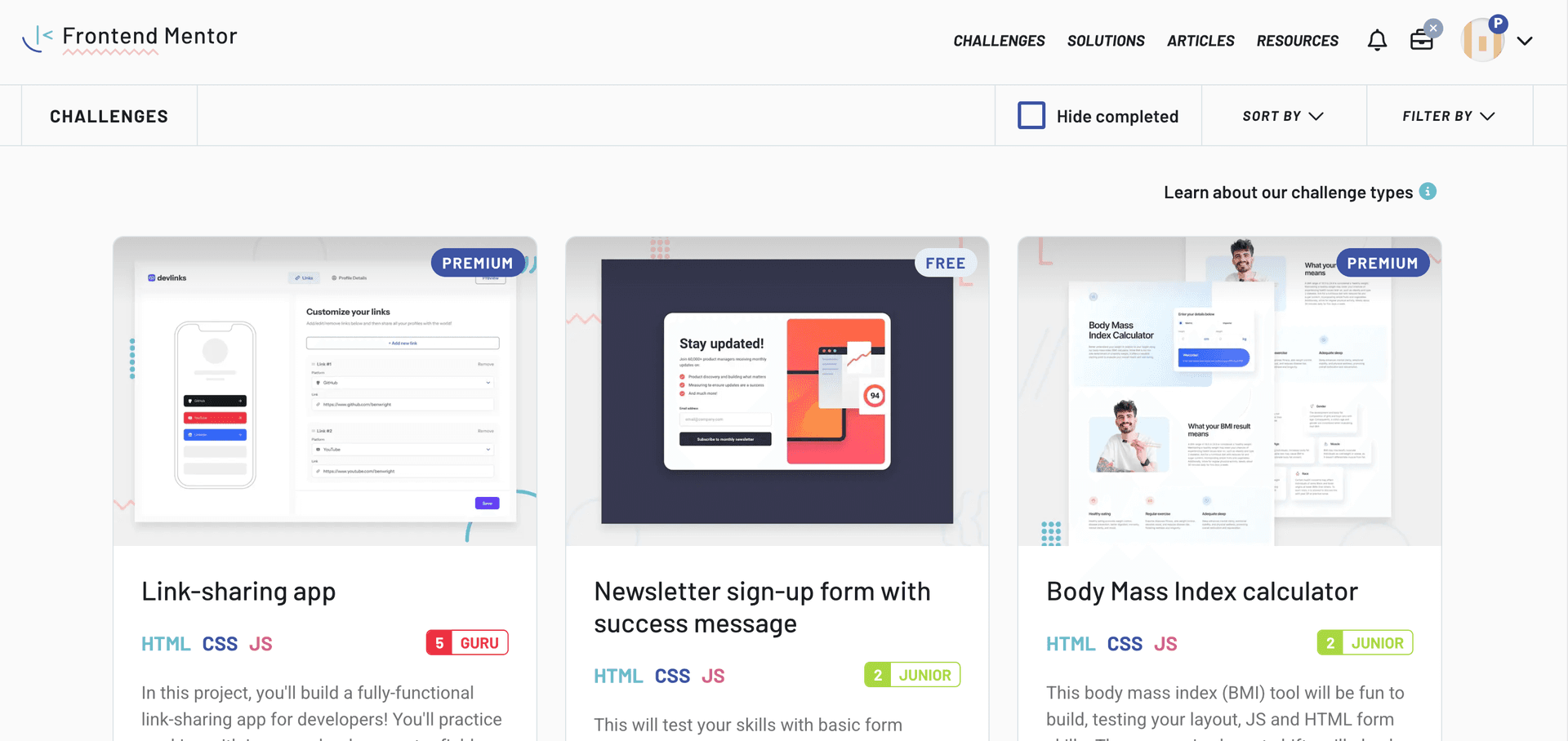 image of the challenges from frontend mentor home page