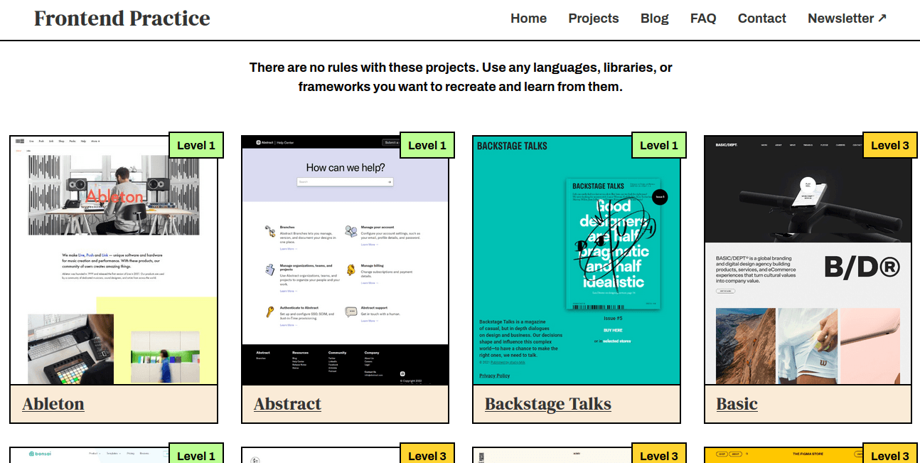image of challenges from frontend practice website