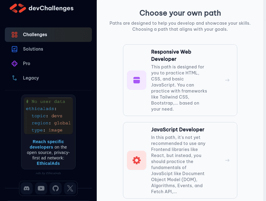 image of challenges page of dev challenges